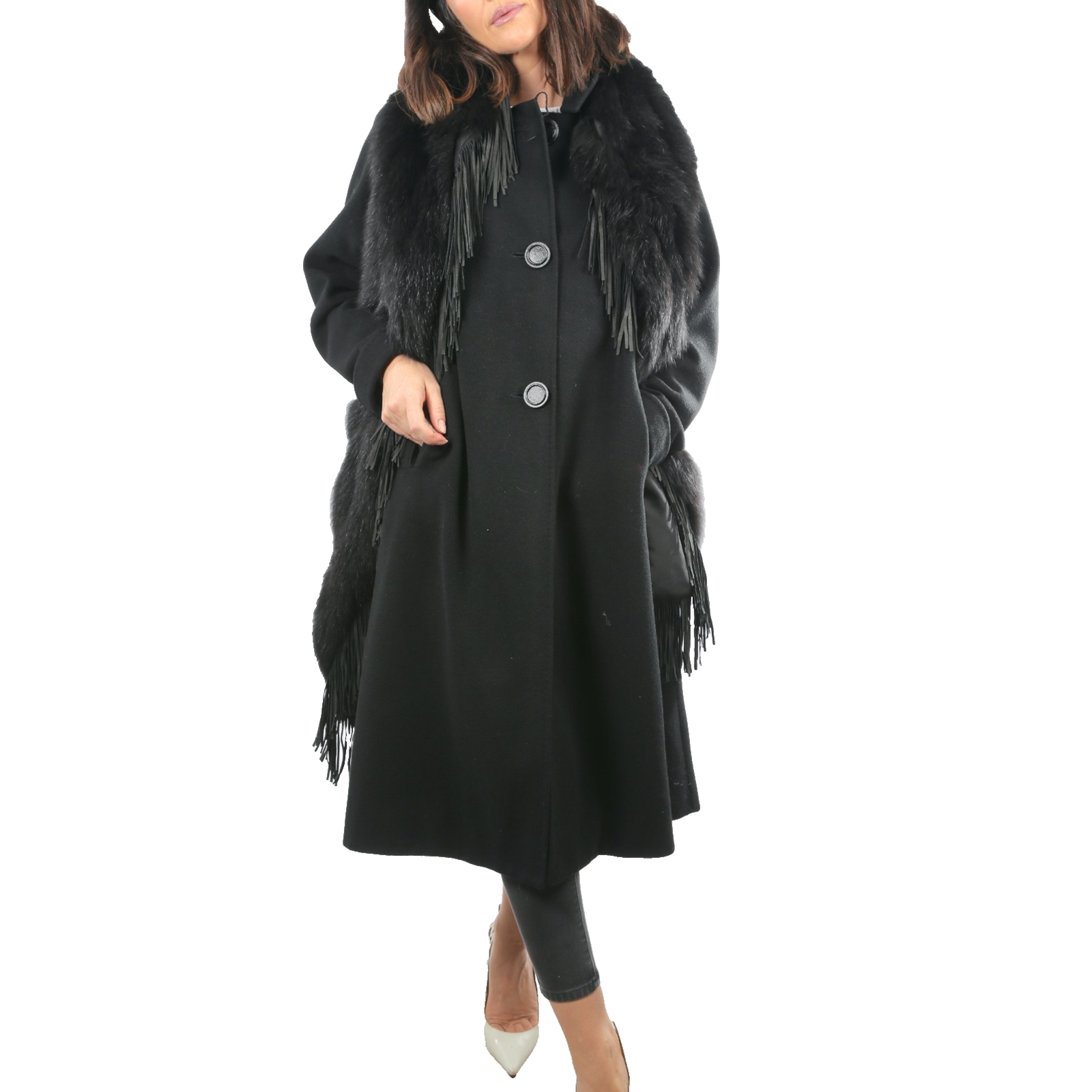 “Vintage Black Wool Button Down Coat W/ Fox Fur Scarf Size L | Elegant & Warm”